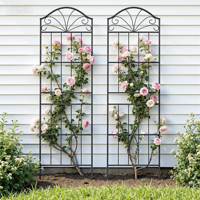 VOXOR Metal Trellis for Climbing Plants Outdoor, 70 * 19.7 Inch Tall Garden Trellis with Black Rustproof Coating, Decorative Rose Trellis for Climbing Roses, Vines, and Flowers, 2 Pack
