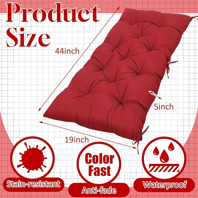Wenqik Outdoor Bench Cushion 44 x 19 x 5 Inch Waterproof Patio Swing Cushion with Removable Zippered Cover Adjustable Ties Seat Pad for Porch Bench Garden Loveseat (Brick Red, Classic)