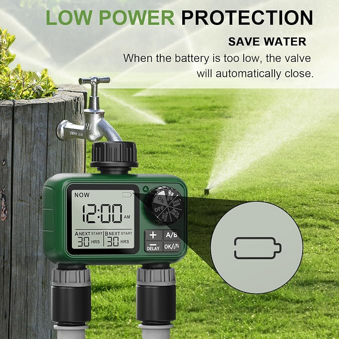 Water Timer for Outdoor Garden Hose, Sprinkler Timer for Garden Faucet with Auto/Manual/Rain Delay Mode, Sprinkler Irrigation Controller for Yard Lawn (2 Zone Plastic Inlet)