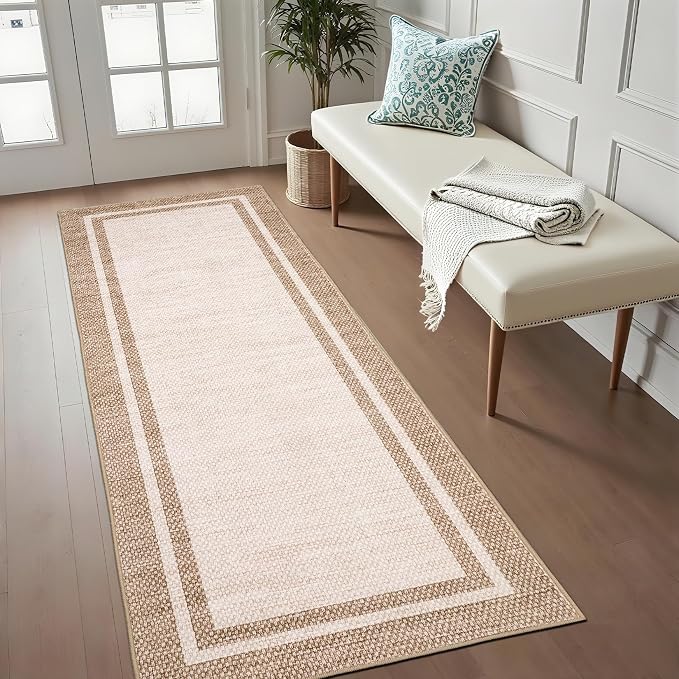 COZYLOOM Modern Border Kitchen Rugs Non Slip Washable 2x6 Runner Rug,Beige | Neutral Solid Color Non Shedding Low Pile Minimalist Stain Resistant Foldable Soft Rug for Bedroom Entryway Hallway Bathroom