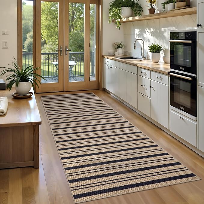 Tangsoo 2x6 Washable Non-Slip Runner Rug for Hallways,Striped Easy Jute Rug | Modern Kitchen Thin Carpet Farmhouse Indoor Outdoor Runner Door Mat for Porch Laundry Bedroom Entryway