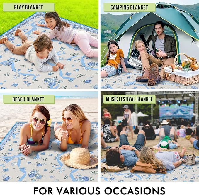 Floral Picnic Blankets Waterproof Foldable, 60″X80″ Packable Picnic Mat Cute Bow Outdoor Blanket for Grass,Large Beach Blanket Sandproof Picnic Accessories for Camping Music Festival Party Park Travel