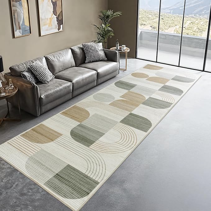 Soft Modern Geometric Abstract Machine Washable 2.7x8 Runner Rug | Beige Rugs for Bedroom Living Room, Non-Shedding Faux Wool Indoor Throw Floor Carpet for Office Entryway Dining Room Decor