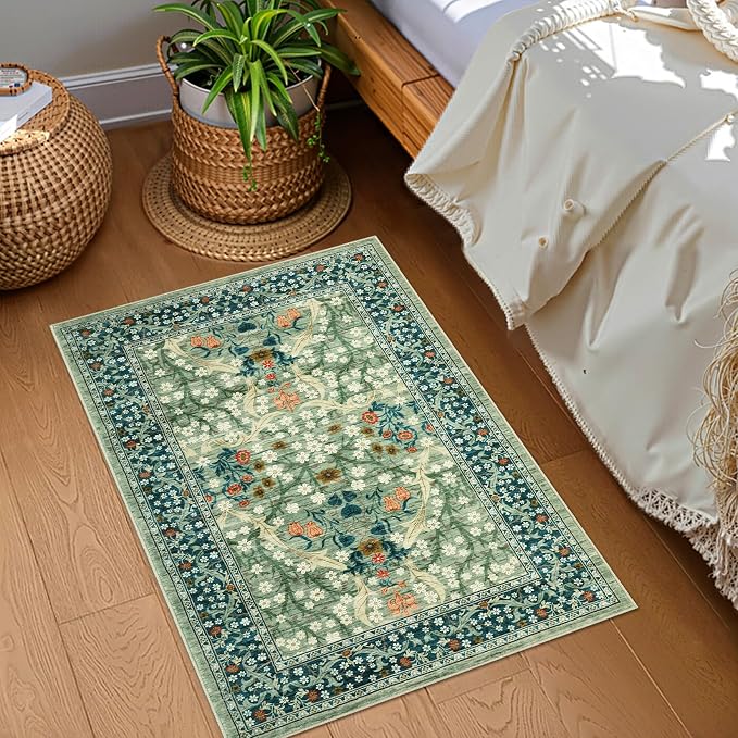 GarveeHome Sage Green Floral 2x3 Washable Rug Small Door Mat | Vintage Stain Resistant Rugs for Entryway Hallway Bedroom Bathroom Low-Pile Non-Slip Soft Botanical Boho Rug TPE Backing
