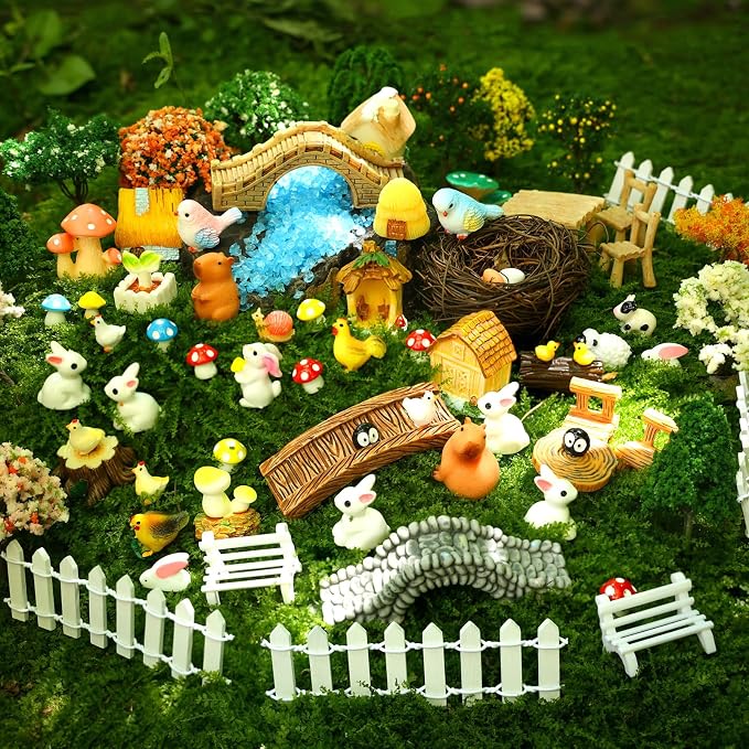 87 PCS Miniature Fairy Garden Accessories Kit with Moss & Trees Micro Landscape Ornament Village Set Resin Animal Figurines for Terrarium Bonsai Succulent Dollhouse Decor