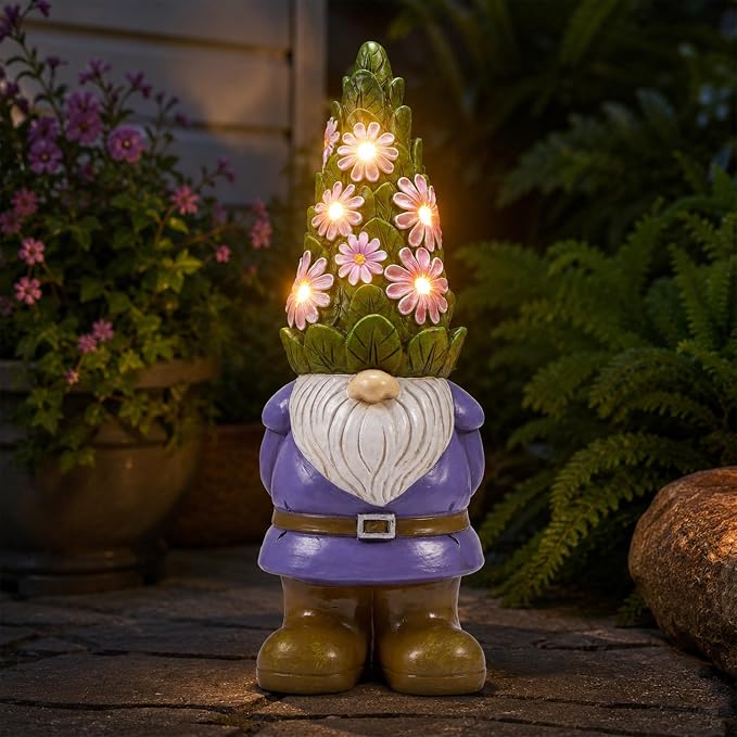 Solar Garden Gnome Statue: Outdoor Figurine with Succulent Lights | Waterproof Resin, Yard Lawn Porch Balcony Patio Home Decor, Gifts for Mom Women Grandma
