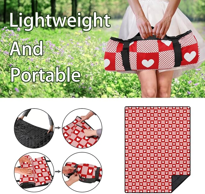 Checkered Love Blankets Waterproof Foldable,60''x80'' Portable Dual Layers Outdoor Travel Camping Backpacking Hiking Beach Blanket Mat for Grass Padded Lawn Park Beach,Checkered Picnic Accessories