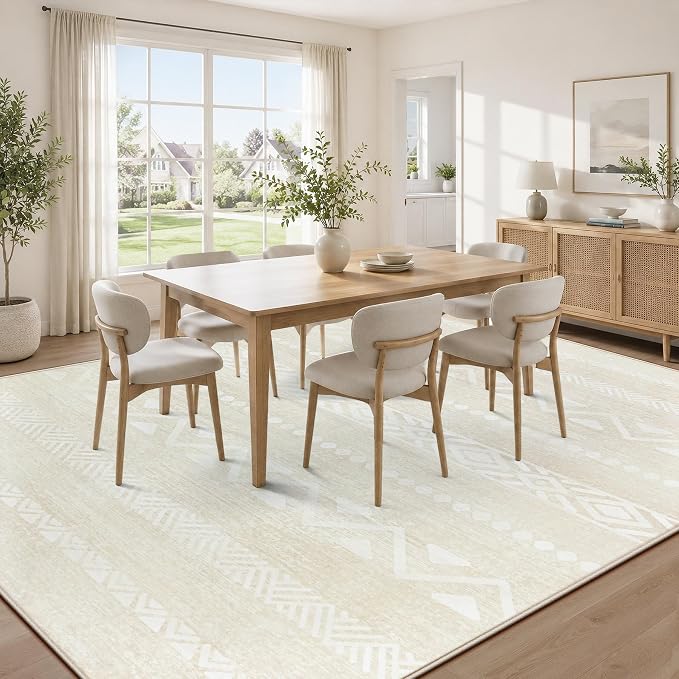 Zomfy 9x12 Area Rug Washable Rugs for Living Room(Beige, 9'x12') | Geometric Boho Modern Rugs Large Non Slip Soft Carpet Low Pile No Shedding Print Rug for Bedroom Dining Room Home Office