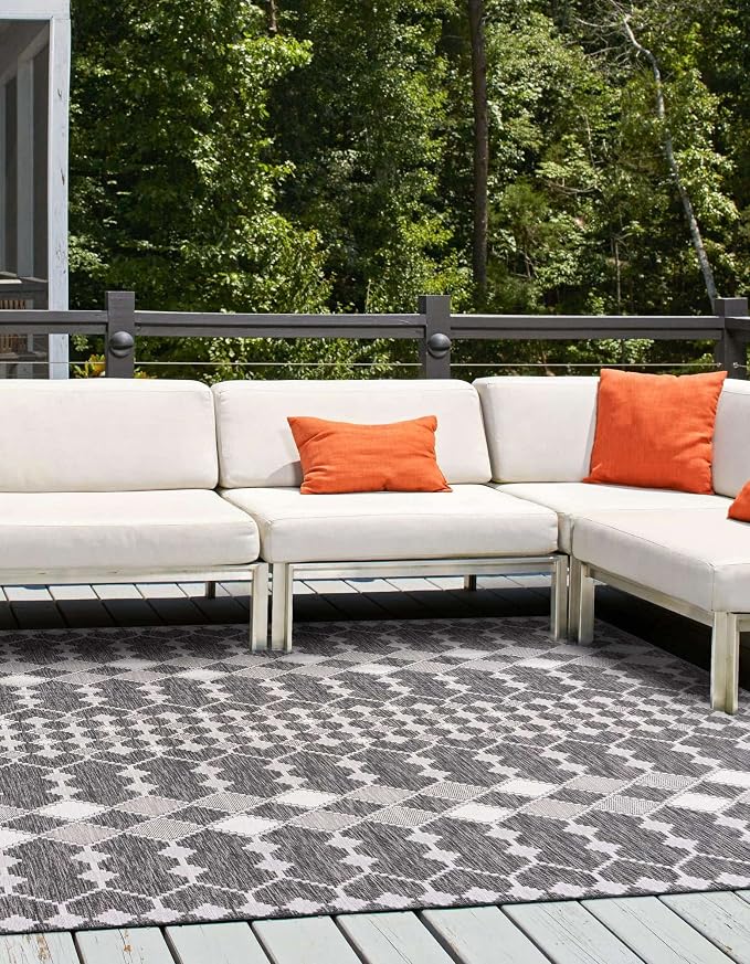 Unique Loom Outdoor Trellis Collection Area Rug - Traliccio (10' Square, Charcoal/ Ivory)