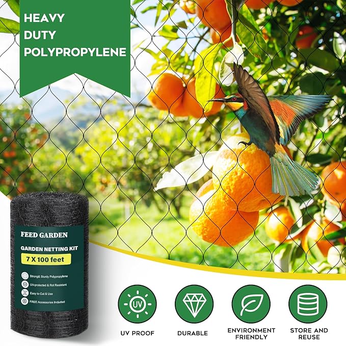 FEED GARDEN Deer Fence Netting Garden Netting Bird Netting - 7x100ft UV-Protected Garden Fence for Plant with 3/4" Fine Mesh - Includes 10 Stakes & 50 Zip Ties for Easy Installation