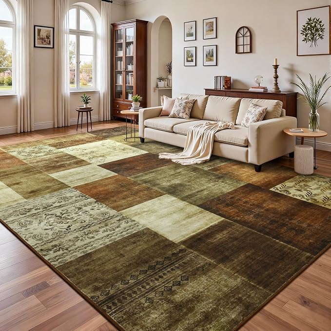 Washable Area Rugs 6x9 for Living Room, Large Modern Geometric Brown Soft Patchwork Carpet, Non-Slip Stain Resistant Throw Rug for Bedroom Dining Room Office Home Decor