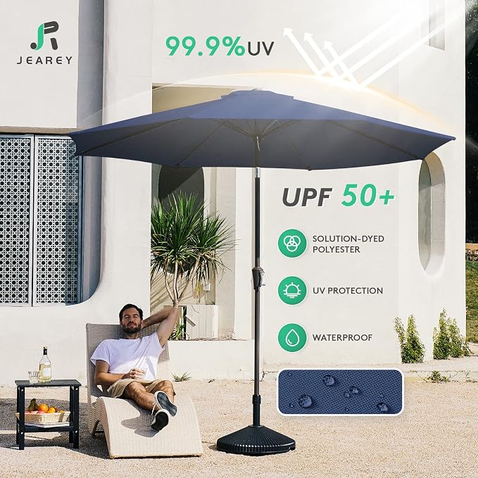 JEAREY 9FT Outdoor Patio Umbrella Outdoor Table Umbrella with Push Button Tilt and Crank, Market Umbrella 8 Sturdy Ribs UV Protection Waterproof for Pool, Deck, Backyard, Garden (Navy Blue)