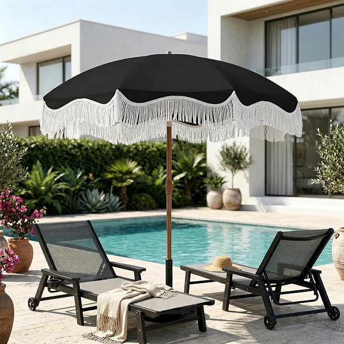 7FT Patio Umbrella with Fringe, Outdoor Tassel Umbrella with Fiberglass Ribs, Boho Beach Umbrella, Push Button Tilt and Carrying Bag, UPF50+