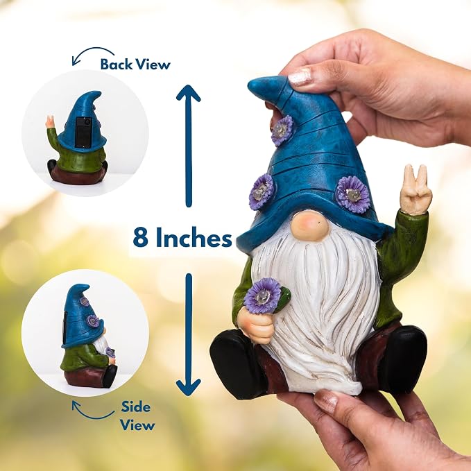 Blue Peace Yard Gnomes - Solar Statue, 11 Inch | Charges all day and lights itself after dark, no wires and no outlet to find. Hand-painted resin, built to live outside.