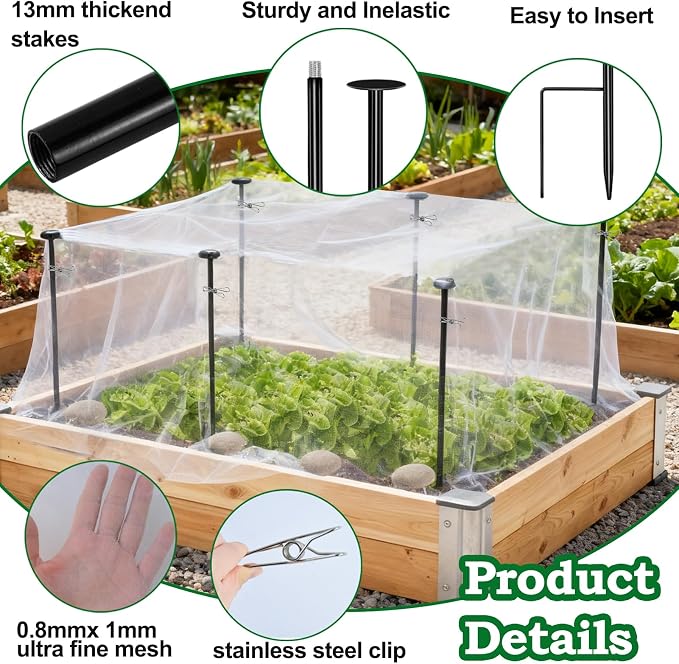 Metal Garden Netting Kit, 6 Pack 2.6ft Raised Garden Bed Net Support Stakes with 10´×13´ Fine Mesh Insect Netting 12pcs Clips Bird Barrier Screen Cover for Protect Plant Vegetable Row from Animals Bug