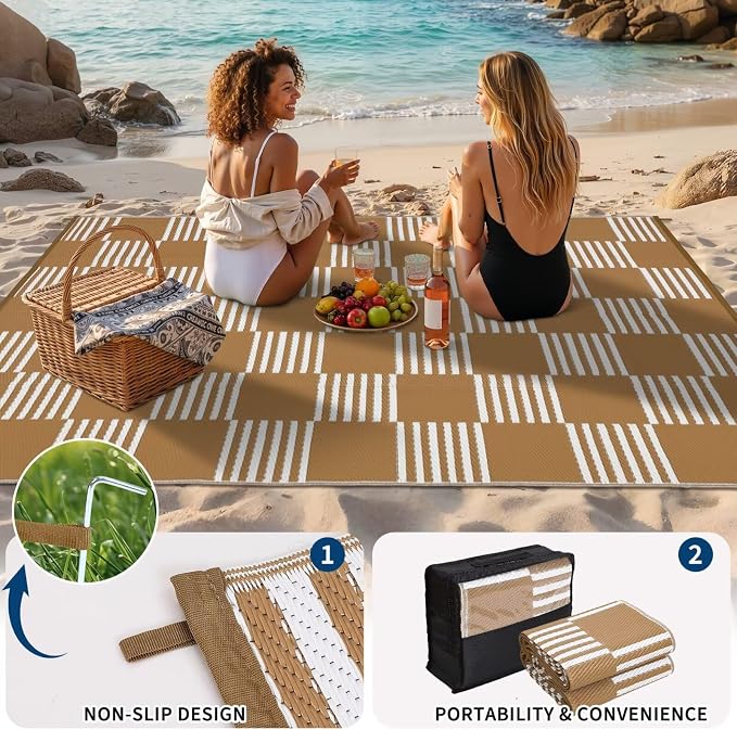 Garvee Waterproof Outdoor Rug 9x18, Checkered Foldable Plastic Straw Patio Camping Rug, Outdoor RV Carpet for Deck Camper Porch Balcony Backyard Picnic Beach Tan