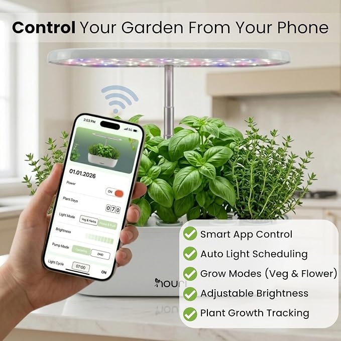 Nouri Hydroponics Growing System, 12 pod APP Smart Indoor Herb Garden Kit with LED Grow Lights, Hydroponic Herb Garden Indoor for Plant Lovers, Gardeners, Kitchen, Basil Seeds Included