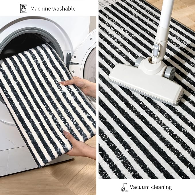 Washable 2x3 Modern Striped Area Rug, Abstract Small Throw Rug for Entryway | Black Beige, Soft Low Pile, Skin Friendly, Non-Slip for High Traffic, Entrance Vintage Braided Paid Style Home Decor