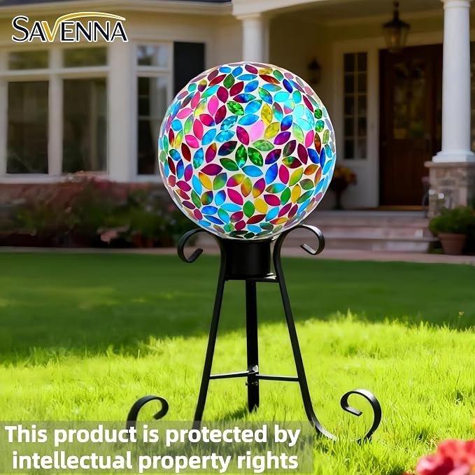 SAVENNA Mosaic Garden Gazing Ball 10 Inch, Glass Decorative Sphere for Indoor & Outdoor Garden, Patio, Home & Yard, Multicolor Petal Pattern