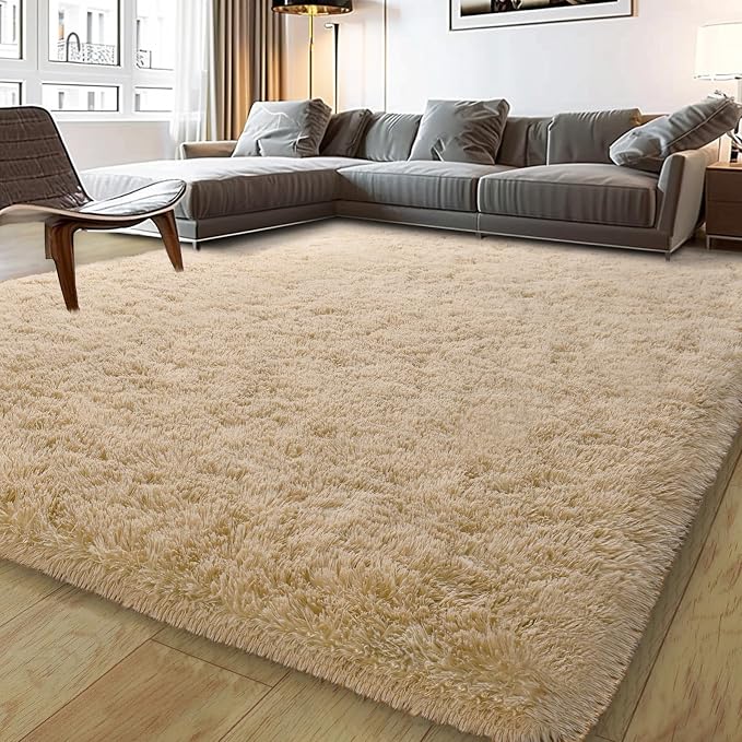 Soft Shag Fluffy Rugs for Bedroom 4x6 Beige Neutral Washable | Upgrade Non-slip, 4 x 6 Shaggy Rugs for Living Room Nursery, High Pile Fuzzy Plush Carpet Kids Room Dorm, Flame Resistant
