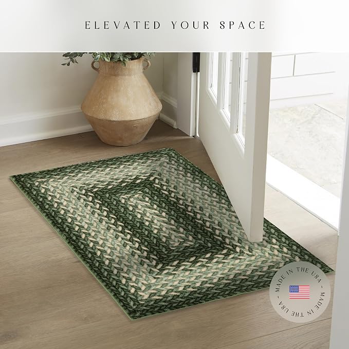 Maples Rugs Marion Bohemian Braided-Style Print Area Rug – Made in USA – Washable, Non-Slip Low-Profile Indoor Throw Rug for Foyer, Kitchen & Bathroom, 34" x 20", Green