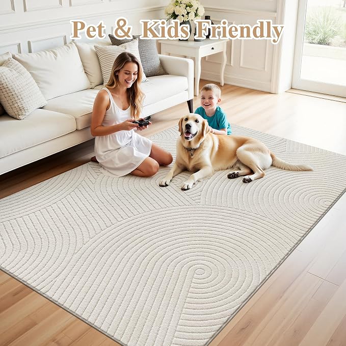 U'Artlines 5x7ft Washable Area Rug for Living Room, Beige | Minimalist Modern, Non Slip, Soft Cozy Fluffy, High-Low Pile Rug for Bedroom, Carpet for Dining Area, Kids Nursery Room