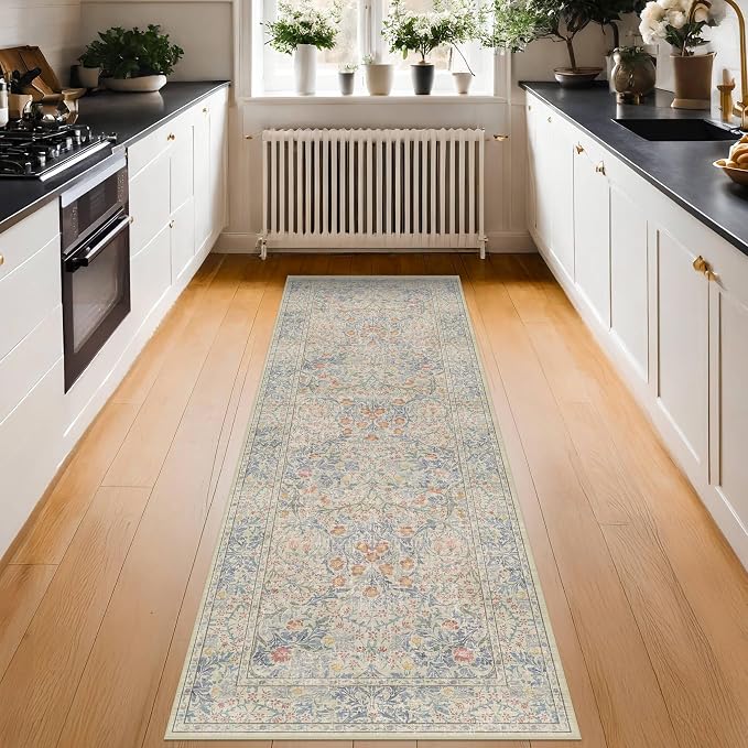 Non Slip Beige Blue Hallway Runner Rug - Long Runner Rugs 2x7 Washable Kitchen Floor Mat, Laundry Room Rug, Bathroom Runner - Vintage Design Décor