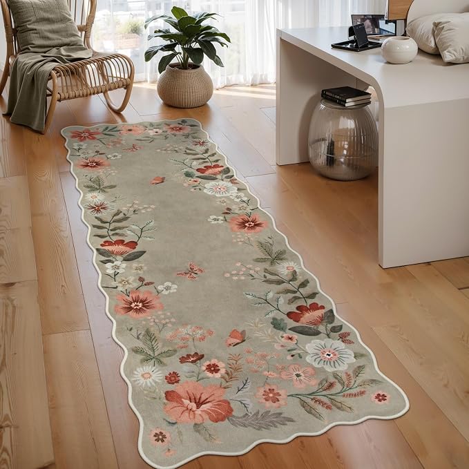 Lahome Floral Kitchen Runner, 2X6 Washable Hallway Runner Rug Non-Slip | Scalloped Ultra-Thin Soft Hallway Rug Stain Resistant Boho Carpet for Bedroom Laundry Bathroom Flore, Brown