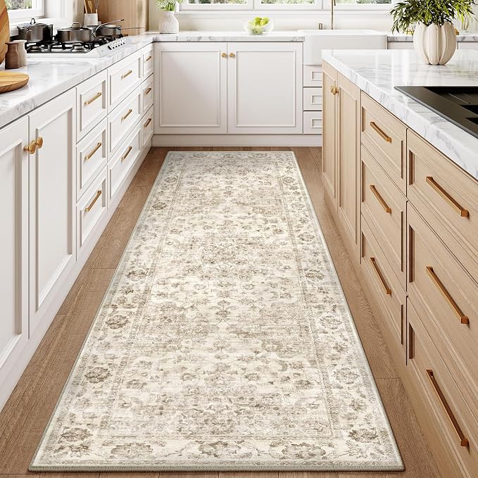 2'6x8 Beige Neutral Runner Rug | Washable, Non Slip, Soft Low Pile, Vintage Farmhouse, for Hallway Kitchen Laundry Bathroom Bedroom Living Room Home Decor
