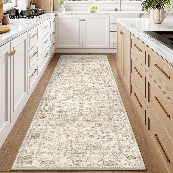 2'6x10 Beige Neutral Runner Rug | Washable, Non Slip, Soft Low Pile, Vintage Farmhouse, for Hallway Kitchen Laundry Bathroom Bedroom Living Room Home Decor