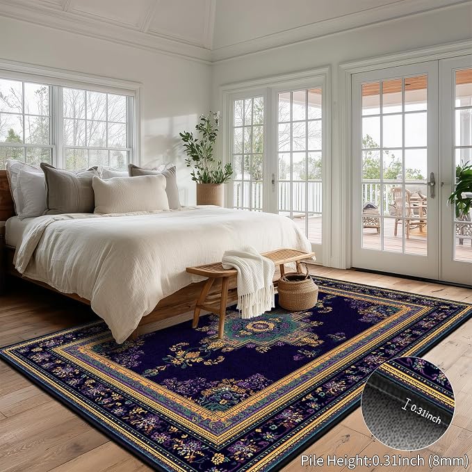 Vintage Boho Purple Area Rug 5x7 Violet Oriental Rugs Living Room Bedroom | Purple Gold Carpet, Soft Washable, Non-Slip Stain Resistant, Pet Friendly, Easy to Clean