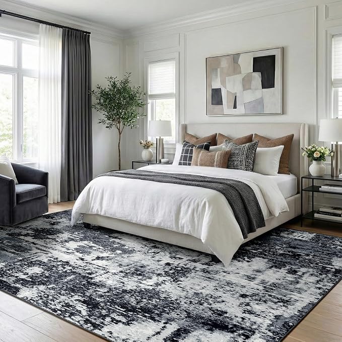 RELEANY Washable 5'x7' Abstract Area Rug for Living Room Black White | Carpet for Bedroom, Kitchen, Office, Hallway and Entryway, Printed Pattern, Non‑Slip, Soft, Stain‑Resistant, Easy to Clean