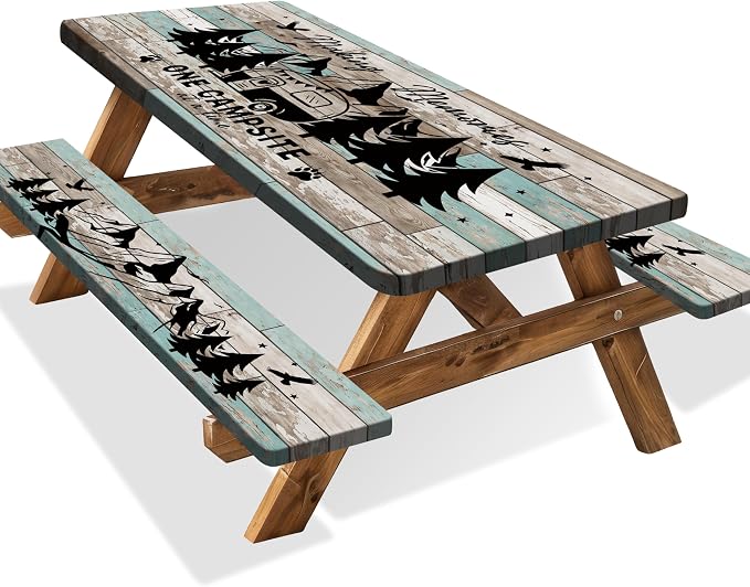 Picnic Table Cover with Bench Covers Camping Essentials Wood Texture Rectangle Fitted Tablecloth with Elastic Waterproof Outdoor Table Cloth for RV Picnic Travel (Teal, 72" x 30" (Rectangular))