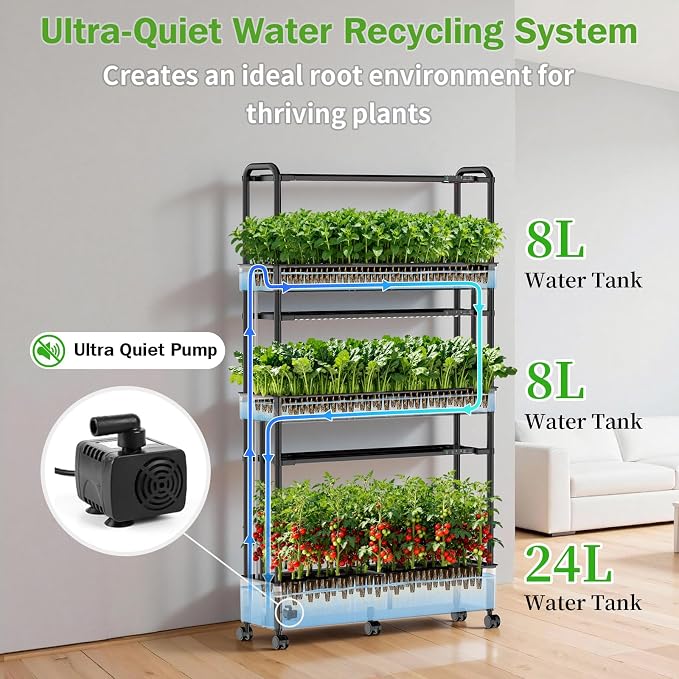 Growell 90 Pods Large Hydroponics Growing System Kit, Indoor Herb Garden | Vertical Hydro Garden with 2 Light Modes & 2 Timer, Smart Water Circulation, 40L Water Tank, Movable with 4 Swivel Casters