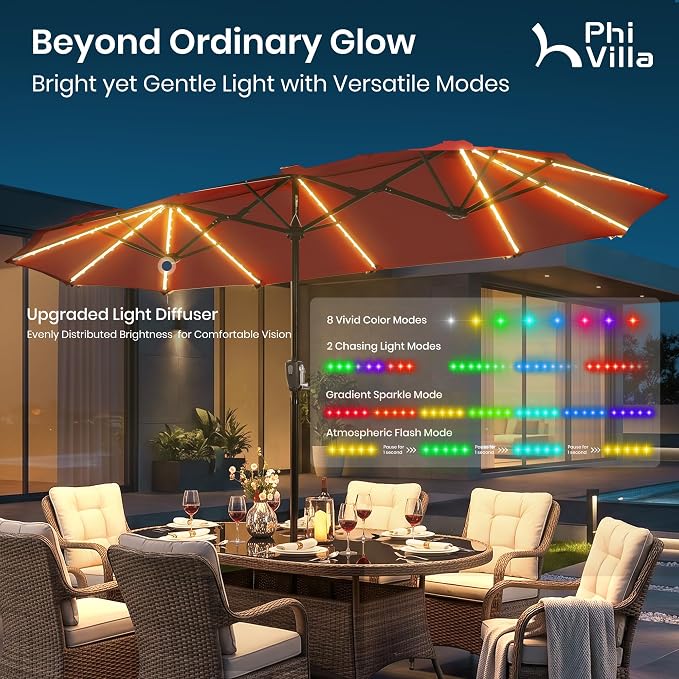 PHI VILLA 13ft Patio Umbrella with Solar-Powered 120 PCS LED Color-Changing Lights, Triple-Head Large Rectangle Umbrella Outdoor Patio for Table with Crank Lift,Dark Red(No Base)