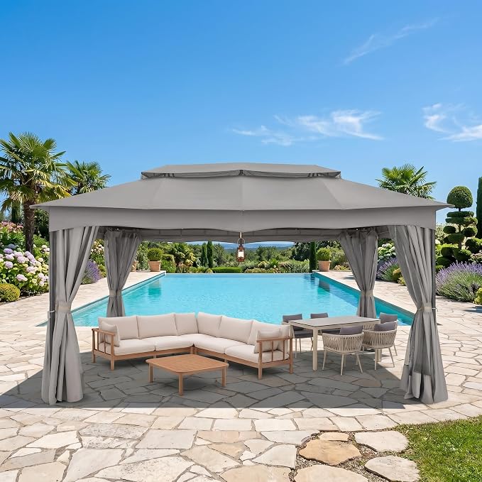 COBIZI Gazebo 12x20 FT Outdoor Gazebo on Clearance with Double Ventilated Arc Roof, Privacy Curtains & Mosquito Netting, Easy Set up Canopy Tent with Stable Metal Frame for Patio Gray