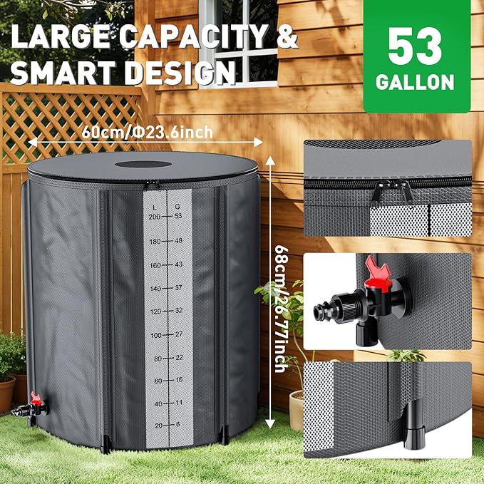 Yesker Collapsible Rain Barrel, 53 Gallon Portable Rainwater Collection System, 550D PVC Water Storage Tank, Rain Catcher with Spigots Filter Overflow Kit, Grey