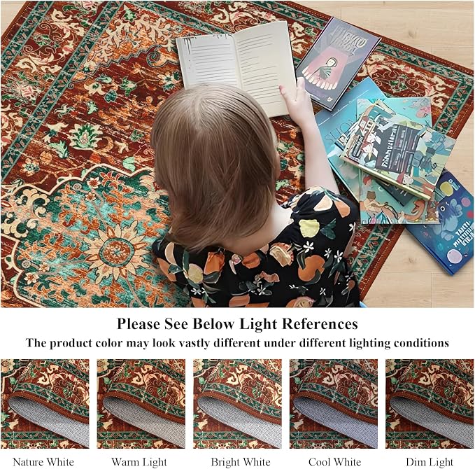 U'Artlines 2' x 12' Boho Hallway Runner Rug, Washable Carpet, Rust＆Teal | Non Slip, Long, Vintage Farmhouse Accent Area Rug Carpet, for Kitchen Entryway Laundry and Living Room