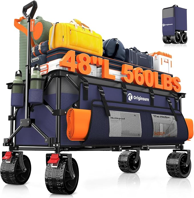 Originsure 48" L Collapsible Wagon Cart Foldable, 560lbs Weight Capacity 300L Heavy Duty Folding Beach Wagons with Big All-Terrain Wheels, Utility Carts for Groceries, Camping, Sports - Grey&Purple