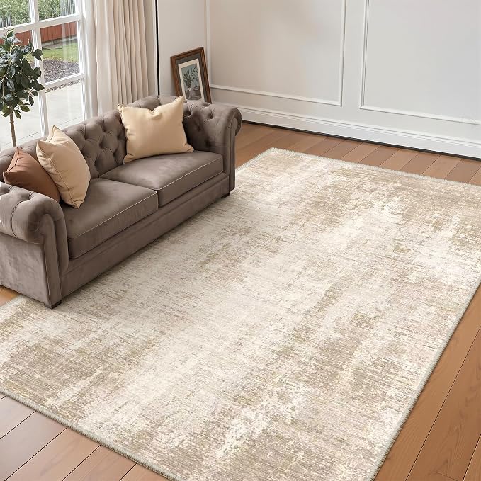 Valenrug Washable Rugs 5x7, Non Slip Large Area Rugs for Living Room, Beige | Soft & Lighweight, Folable, Stain Resistant Low Pile Thin Indoor Distressed Carpet Rugs for Bedroom,Dining Room,Kitchen