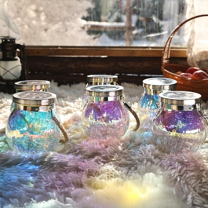 Cooo Gift for her him 2 Pack Solar Lanterns Waterproof Outdoor Iridescent Heavy Crackle Glass a Big LED Stainless Steel Lid 215% Solar for Women Mom Grandma Outdoor Table Lamps Garden Backyard Decor