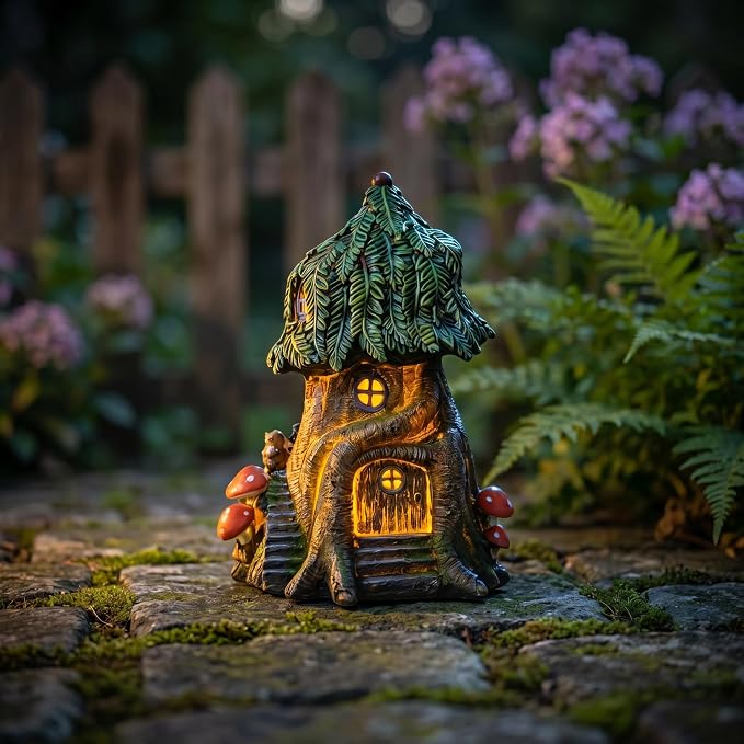 COWOS Solar Light Fairy Tree House, Fairy Garden House Statues, Tree House Figurines with Solar Light for Indoor Outdoor Art Decorations, Patio Yard Lawn Ornaments Gift