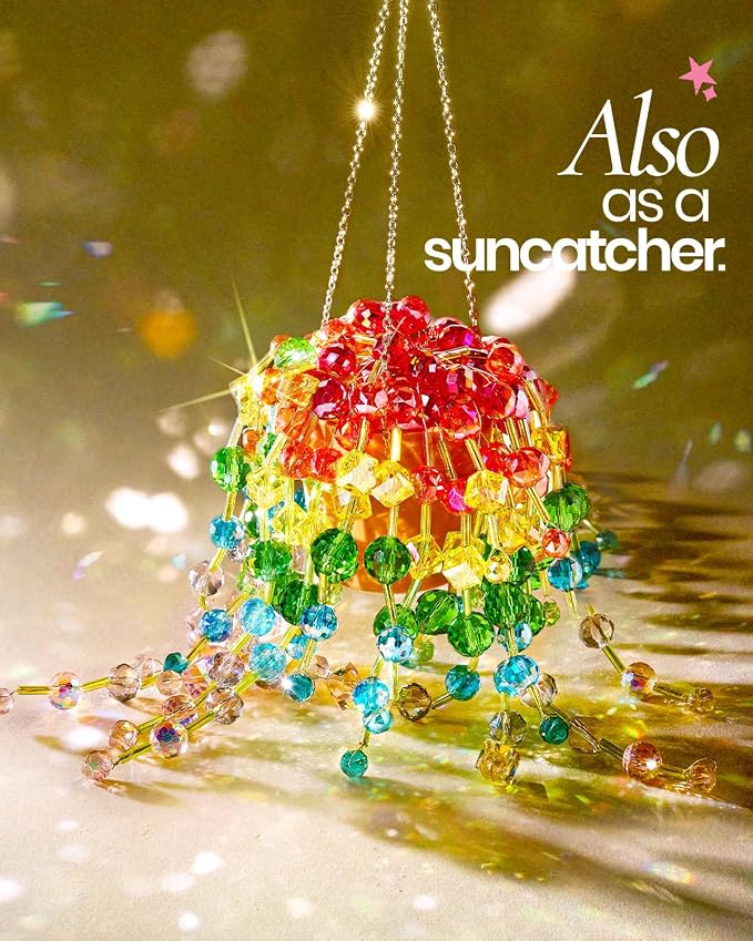 Beaded Plant Kit, Real Crystal Suncatcher Craft Kit with Tutorials | Suncatcher Craft Kit with Pot, Chain, Faux Moss, Air Dry Clay, Instruction Booklet & Video Tutorial