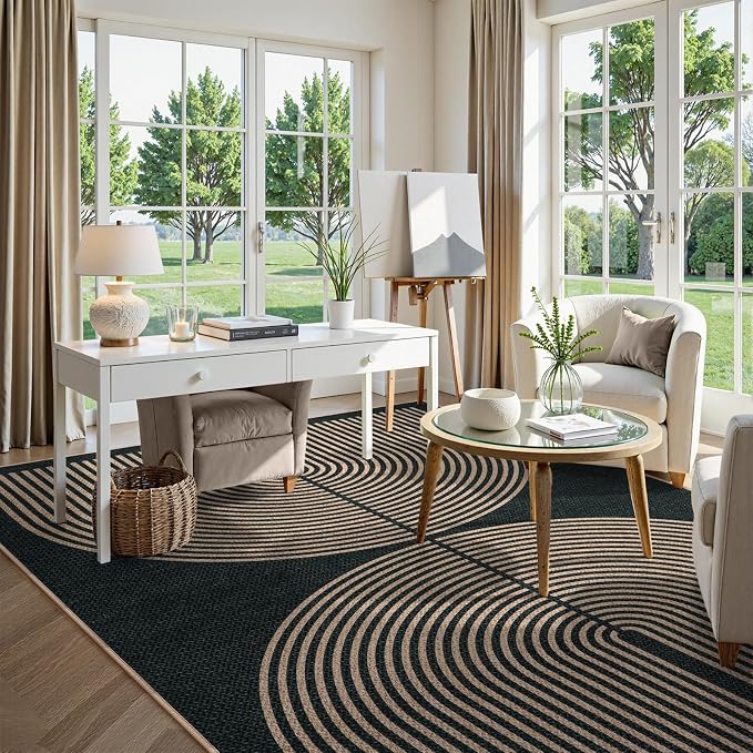 Lahome Modern Rainbow Easy Jute Rug, Washable Rugs 8x10 for Living Room | Indoor Outdoor Patio Farmhouse Large Carpet, Contemporary Non Slip Black Carpet for Bedroom Backyard Decor