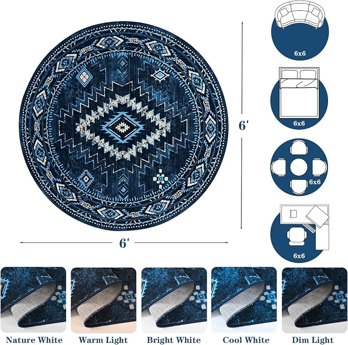 Yinhua 6ft Round Rug Washable, Western Circle Area Rug Non Slip | Navy Blue Aztec Rugs Low Pile, Soft Stain Resistant Carpet for Dining Room Table Nursery