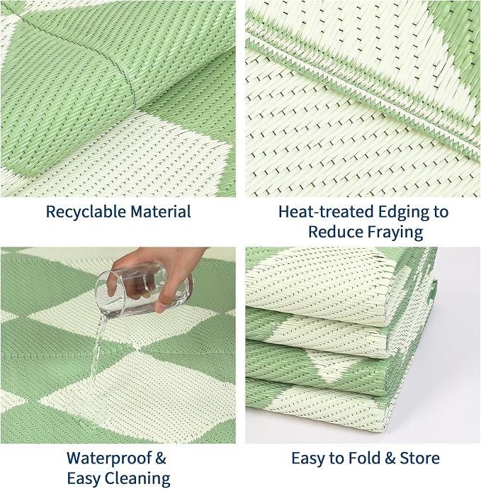 Garvee Outdoor Rug 9x18 Outdoor Patio Rug Reversible Plastic Straw Rugs Waterproof Foldable Mat Easy Clean Lightweight Carpet for Backyard Camping Porch RV Beach Balcony Deck Picnic Checkered Green