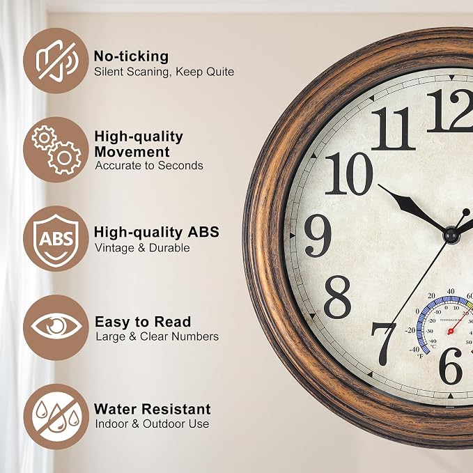 12 inch Outdoor Wall Clock, Plastic Waterproof Wall Clock with Temperature, Water Resistant Outdoor Clocks for Patio Garden