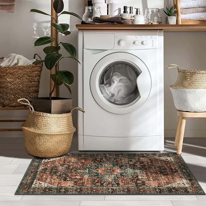 Moynesa Ultra-Thin Washable Runner Rug - 2x4 Laundry Room Rug Runners for Kitchen Non-Slip, Vintage Stain Resistance Non Shedding Bedroom Carpet Runner for Bathroom Hallway, Brick Red