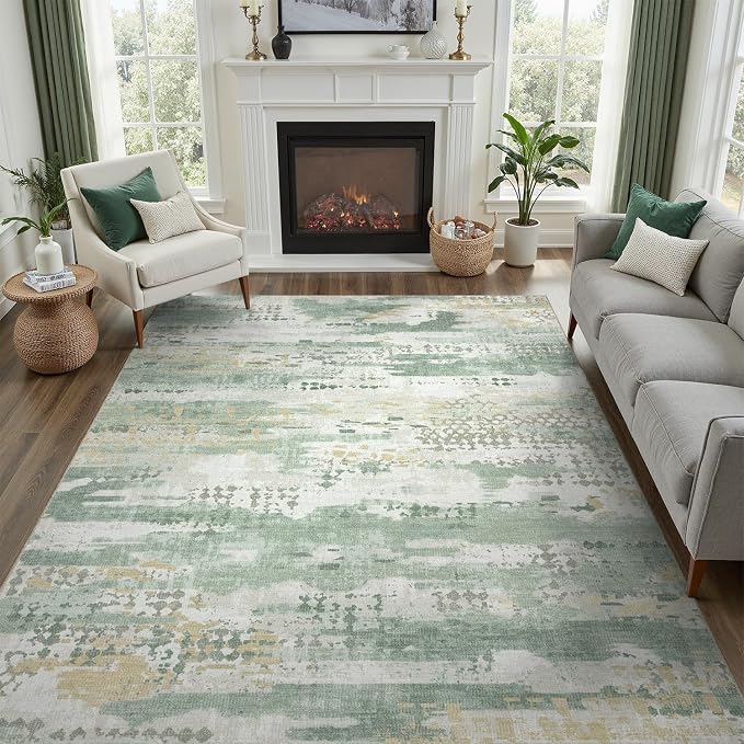 DCX Washable Abstract Area Rug 7x9, Non Slip Low Pile Rug, Sage Green | Easy to clean, non-shedding, soft, kid & pet friendly, with a non-slip rubber backing for living rooms, bedrooms, and offices