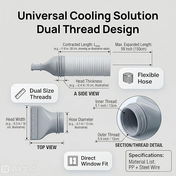 Portable AC Exhaust Hose Kit - 1 Inch Flat Nozzle + 59 Inch Hose | Vent kit for 3D printers, laser engravers & portable ACs. 1in flat nozzle + 59in hose + adapter. Dual-thread. No drilling.